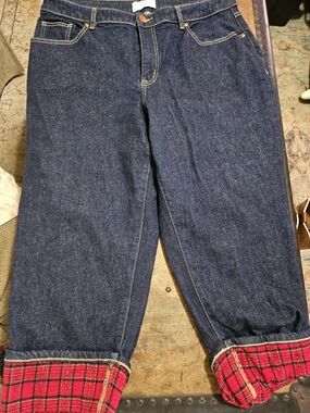 Lane Bryant Dark Blue Denim Relaxed Jeans with Red Plaid Cuff